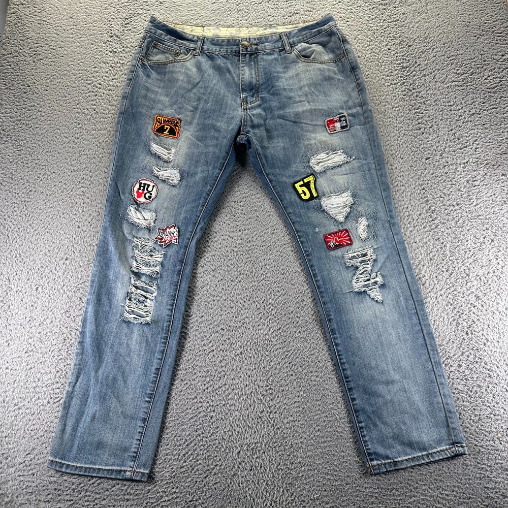 Sosoo Jeans Mens 36x32 Blue Cotton Denim Straight Leg Hip Hop‎ Biker Distressed
